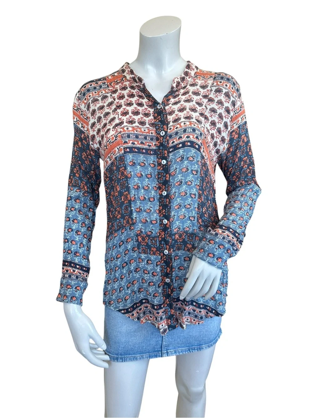 Free People Samba Orange Blue Paisley Tapestry Patchwork Boho Button Up Shirt XS